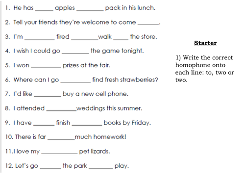 Literacy Starter - To Too Two