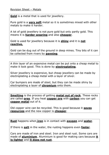Metals revision sheet