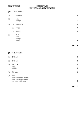 Gcse Homeostasis Questions And Answers Teaching Resources