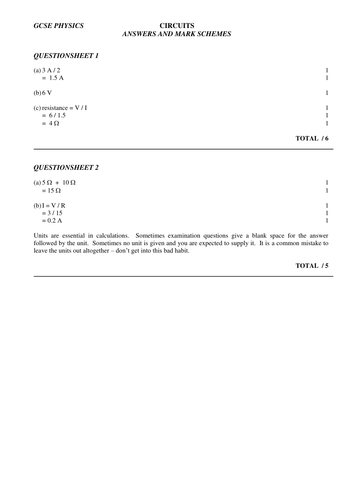 GCSE circuit questions and answers