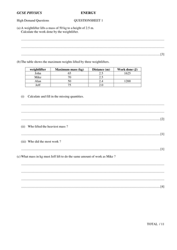 GCSE energy questions and answers