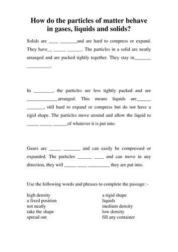 Solids liquids and gases starter