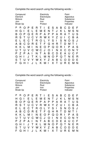 Atoms and elements wordsearch