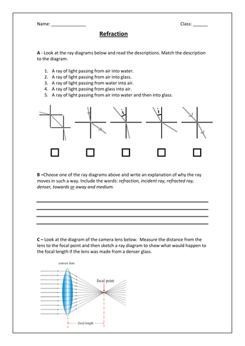 Refraction Worksheet Teaching Resources