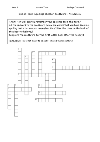 Spellings Crossword (A,B,C words)