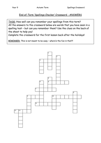 Spellings Crossword (Common Words)