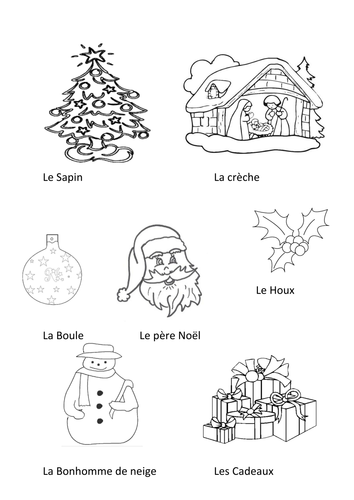 Christmas pictures to colour in labelled in French