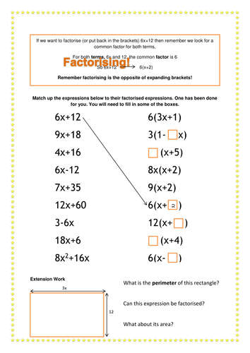 Factorising Match Up Worksheet