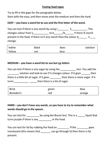 food test remember sheet for low ability