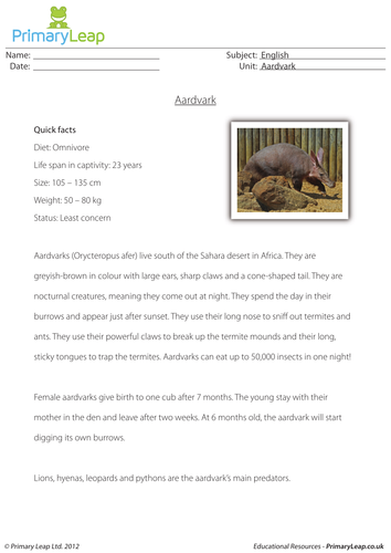 Reading comprehension - Aardvark