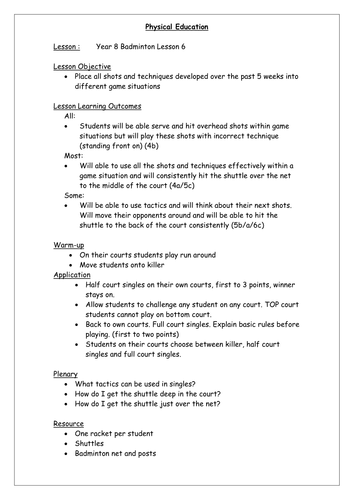 Year 8 Badminton Lesson Plans