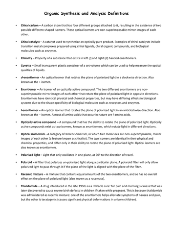 A2 Optical Isomers - Definitions