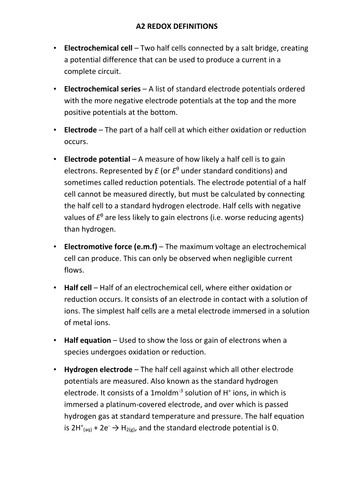 A2 Redox Chemistry - Definitions