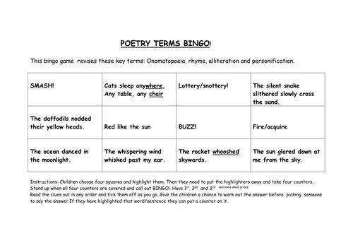 Poetry devices bingo Year 4/5/6