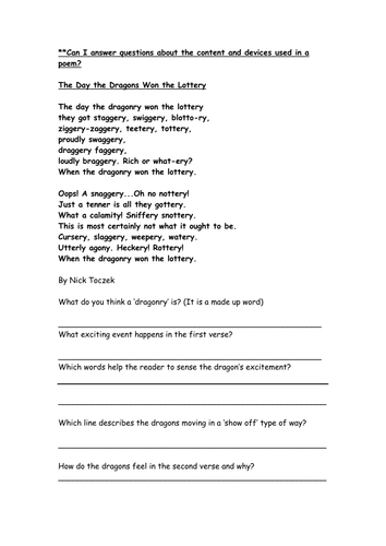 humorous dragon poetry comprehension yr 5 6 teaching resources