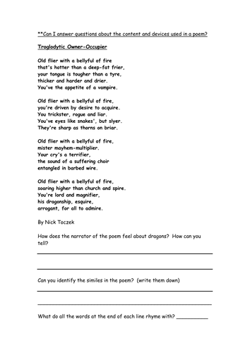 dragon poetry comprehension Yr 5/6 by ellieteacher - Teaching Resources
