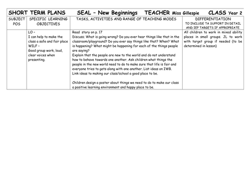 SEAL planning Year 2 - New Beginnings