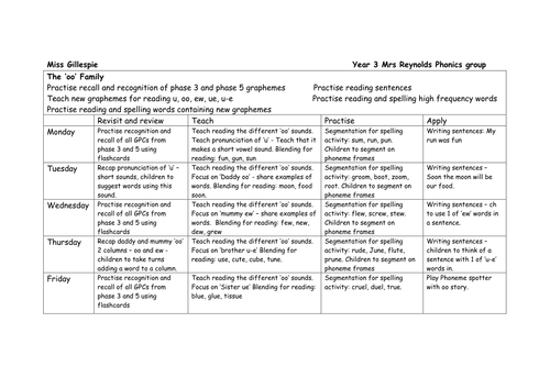 The 'oo' Phonics family