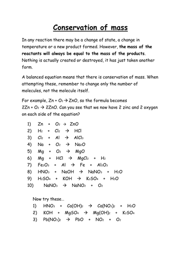 Conservation Of Mass By Bradscorner Teaching Resources Tes