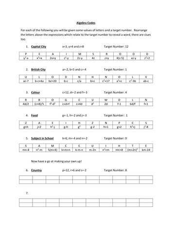 Algebra Substitution codes (inc negatives) by ryan80 - Teaching ...