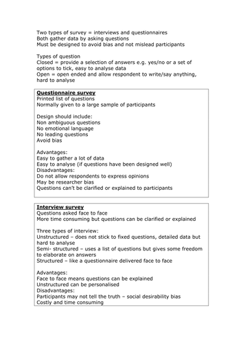 Revision sheets on all research methods