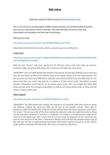 Links to DNA videos on YouTube.