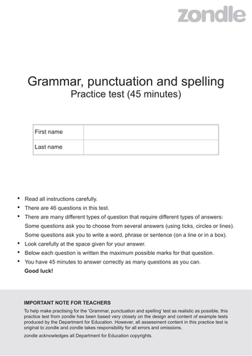 zondle Grammar, Spelling and Punctuation Prac Test