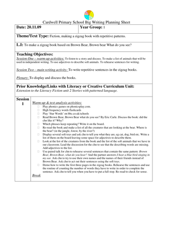 Big writing lesson plan based on Brown Bear, Brown