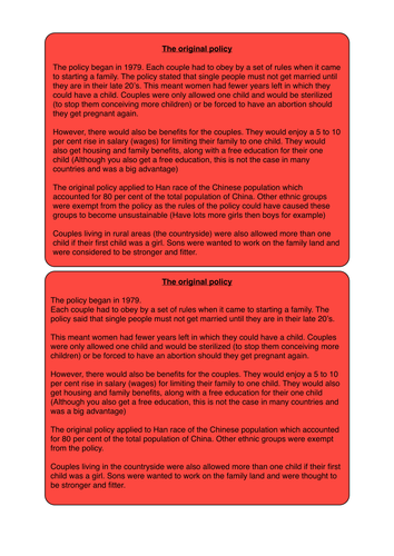 China One child policy info