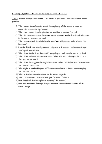 Macbeth: Comprehension Act 1 Scene 7 Worksheet | Teaching Resources