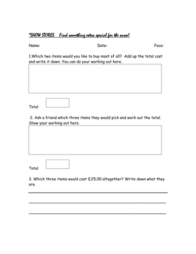 SNOW STORES  totals of money KS2 Year 3/4/5
