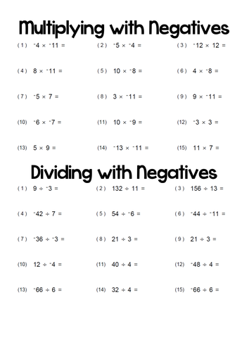 Adding Subtracting Multiplying And Dividing Negative Numbers Worksheet Tes