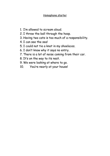 Homophones starter