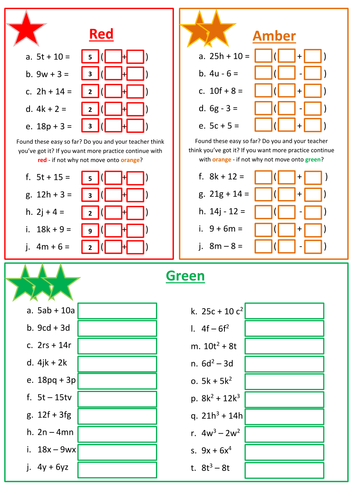 factorising linear expressions worksheet teaching resources