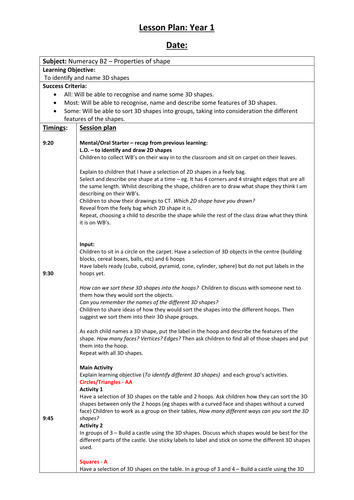 Year 1 3D Shape Lesson Plan Teaching Resources