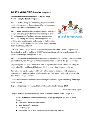 IMPROVING WRITING: Emotive language (UNICEF DfC) | Teaching Resources