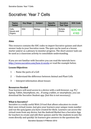 Socrative Quiz: Year 7 Cells and Organelles