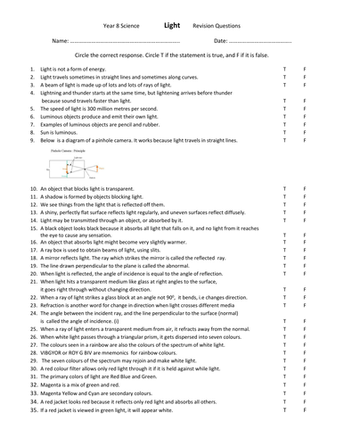 Year 8 Revision Questions on Light  (8K)  Quiz