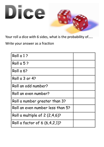 Dice and cards probability short worksheets