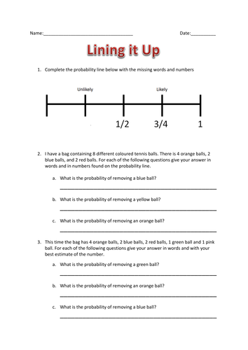 Probability line worksheet | Teaching Resources