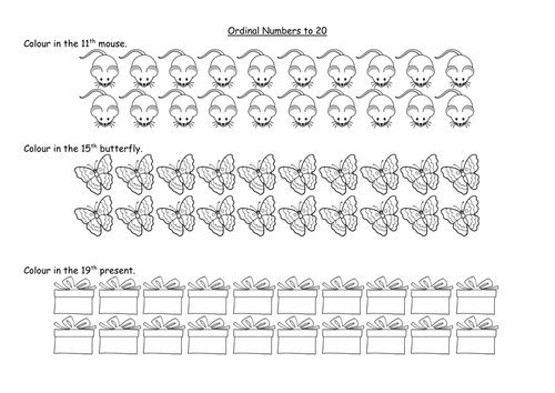 ordinal numbers worksheets to 10th and 20th  teaching resources