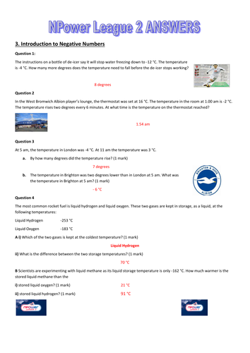 Premier League Maths L2 - Negative Numbers