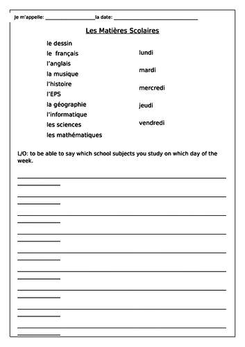 Les matières scolaires et Les Jours de la Semaine