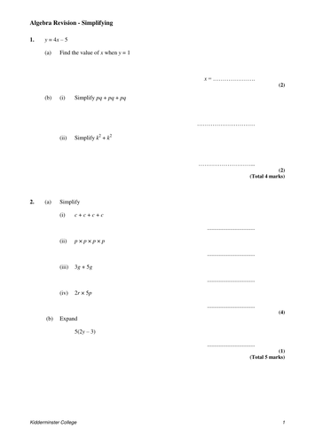 Algebra Revisions Worksheets