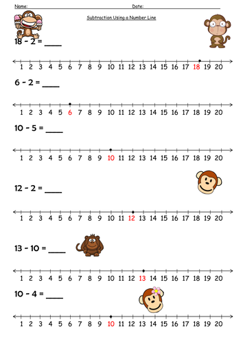 number line subtraction monkey teaching resources