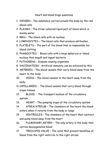 Circulatory system bingo