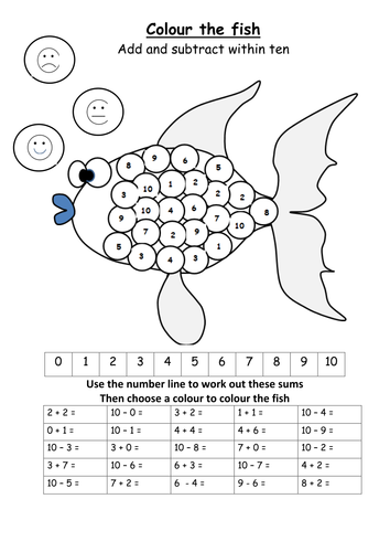 COLOUR THE FISH ADDITION SUBTRACTION WITHIN TE