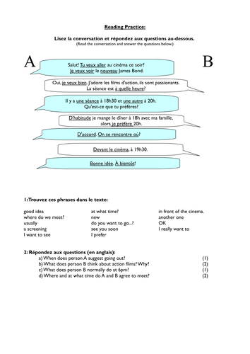 French reading activity - foundation; going out