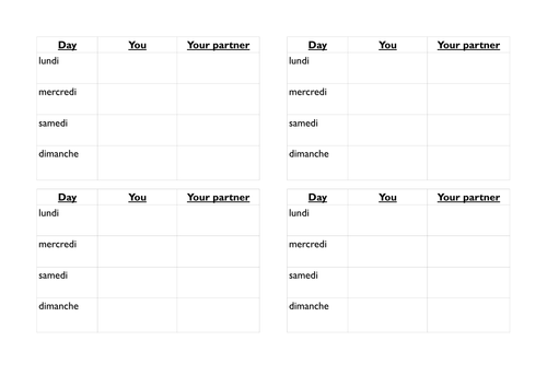Grid for speaking about hobbies in French