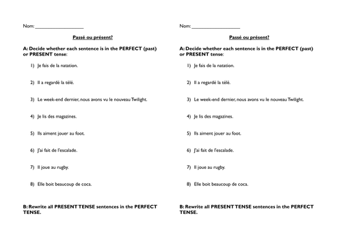 French Starter worksheet - past or present tense?